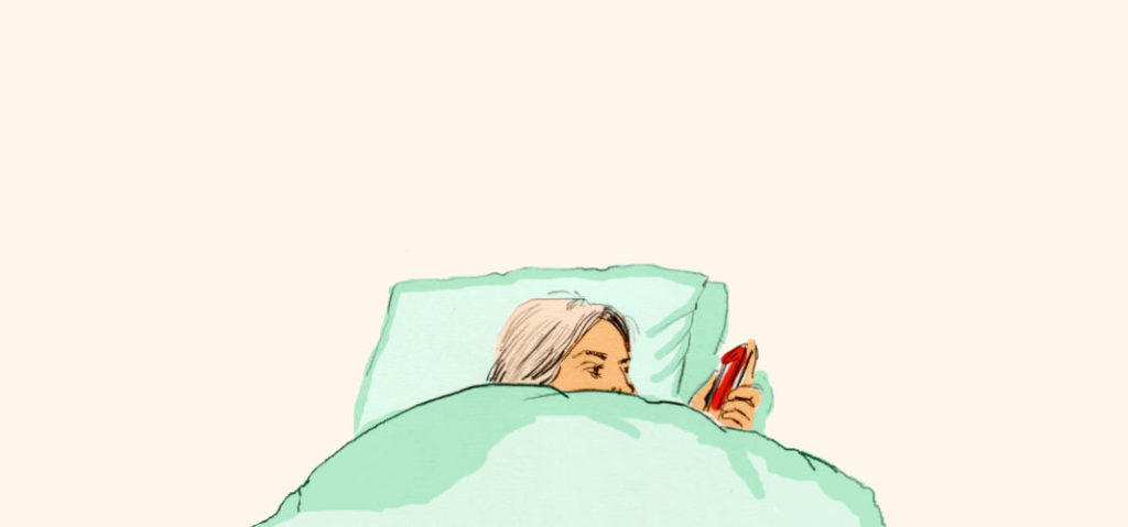 Cartoon image of woman checking phone in bed.